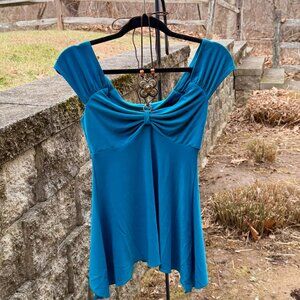 Vintage Teal Babydoll Top w/ Boho Pendant Necklace NWT